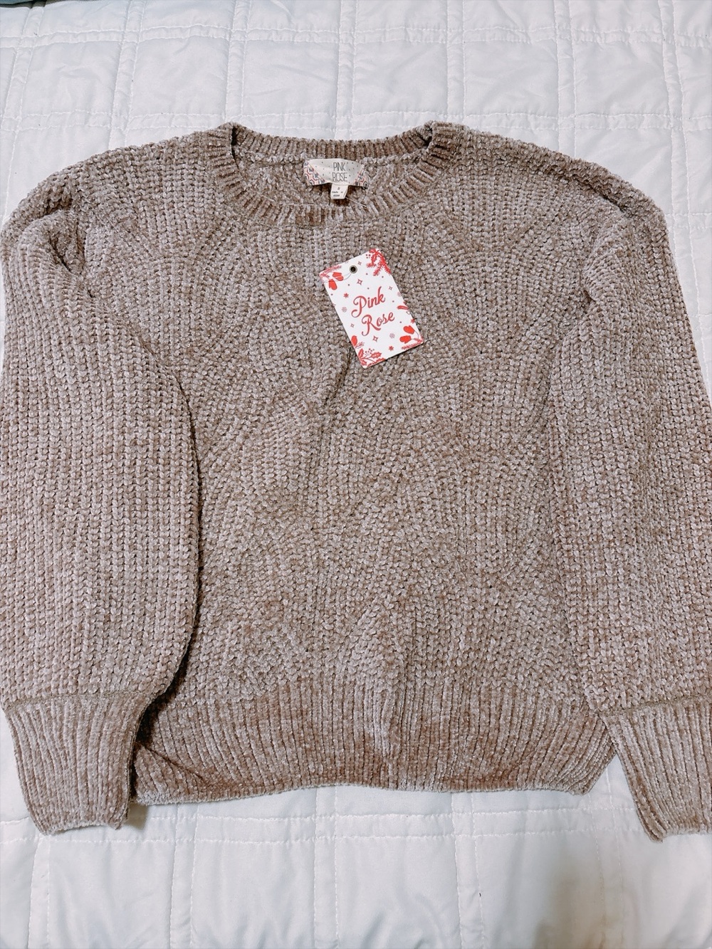 Pink Rose Taupe Crewneck Cable Knit Sweater